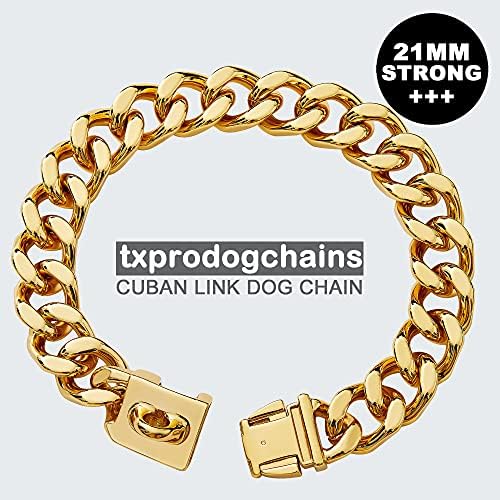TxProdogChains Голема јака од ланец на кучиња со тока силна тешка должност дебели 21мм Дебели широки не'рѓосувачки челик метал 18K златен кубански