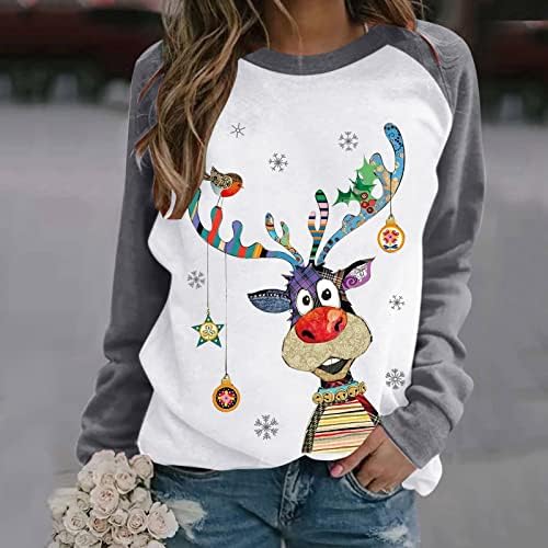 Божиќно маичка за божиќни маички за жени мода на лежерна Божиќна печатена рунда со долги ракави за џемпер на врвови за џвакање на врвови