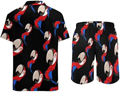 Смешна црвена папагал машка хавајска плажа одговара на кратки ракави печатени копче надолу со шорцеви за кошули поставени случајни
