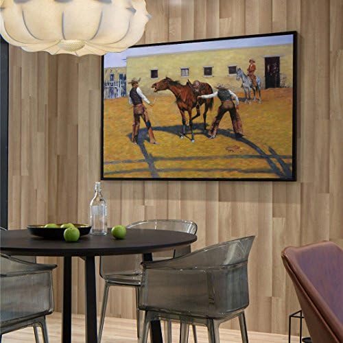 Неговата прва лекција - Фредерик Ремингтон рачно насликана масло сликарска репродукција, две каубои смируваат сцена со диви коњи, соба за вежбање