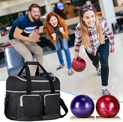 Алемин торба за куглање за 2 топки, торбичка за топка за куглање со 2 дрвени чаши за куглање, мулти-џебови торба за топка за куглање се