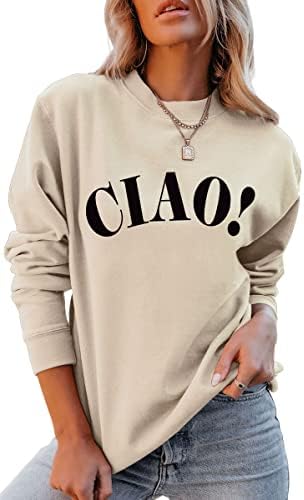 Qyz -Top Ciao Italian Hello Pullover - женски случајни букви со долг ракав италијански збогум графички маички врвови