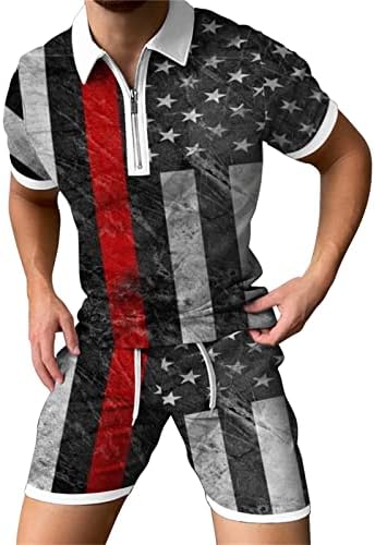 Зипер Поло маица врвови со шорцеви поставени за Менс 4 -ти јули патриотска тренерска тренерка Американско знаме облека за спортска