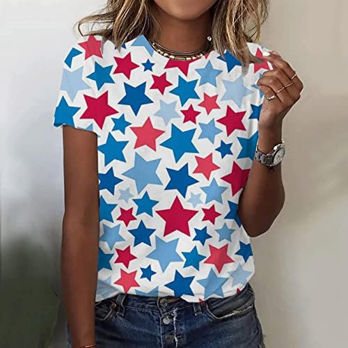 Женски летни врвови 2023 година обичен фустан 4 -ти јули кошули со кратки ракави екипаж маица американско знаме графички лабави