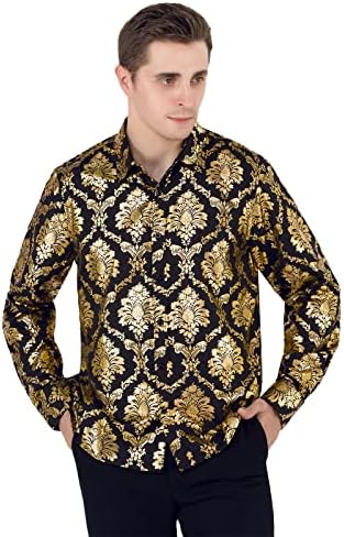 Машка луксузна златна кошула за мажи сјајно розово злато со долги ракави кошули Диско ноќно клупско копче за матурски кошули за