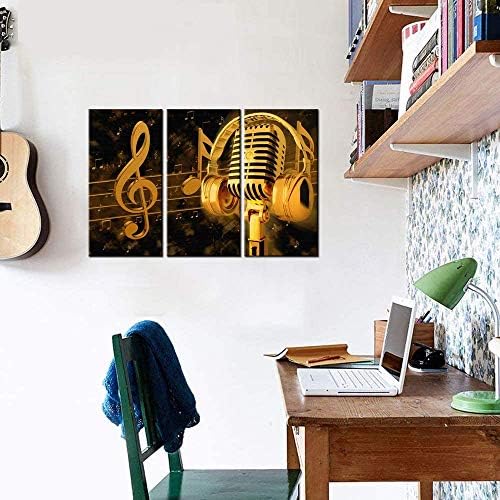 Biuteawal - Музички уметнички слики wallидни уметности злато метал микрофон и слушалки белешка слика платно giclee print модерна домашна
