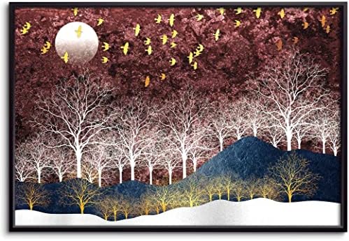 Geisbut врамени платно печатење wallидни уметности сини планини бела зимска шума златни птици дрвја Апстрактни илустрации за дивина модерни