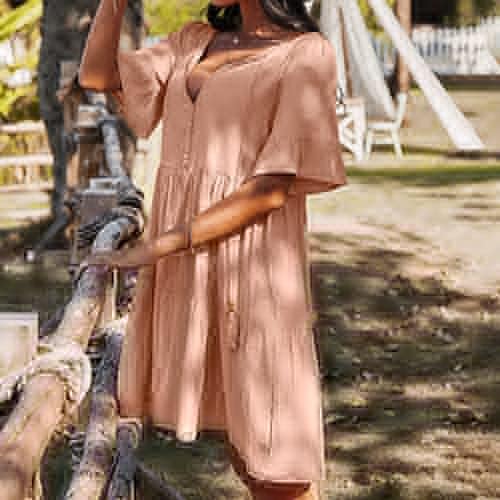 Onенски фустан за лето 2023 година моден обичен пролетен летен краток ракав со цврст ракав V-врат со цврст фустан во боја