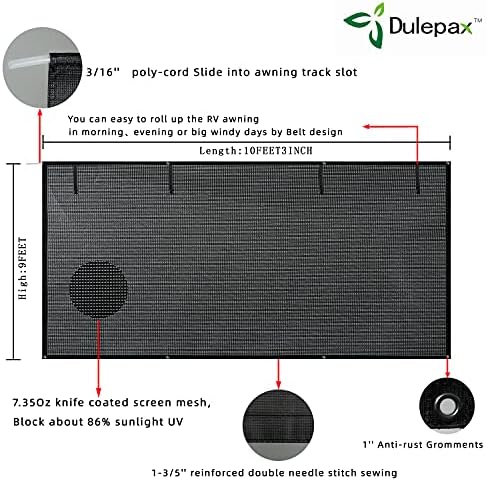 Dulepax RV Awning Shade 9'x10'3 '' | Компер за употреба на екранот со обложена со црна нож со целосни додатоци | RV Awning Екран блокови Околу 86% од УВ | 3 години гаранција