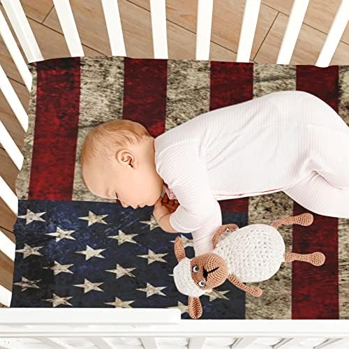 Вел ден американско знаме за креветчиња за момчиња и девојчиња, опремени чаршафи за креветчиња за бебиња меки и дишени мини креветчиња