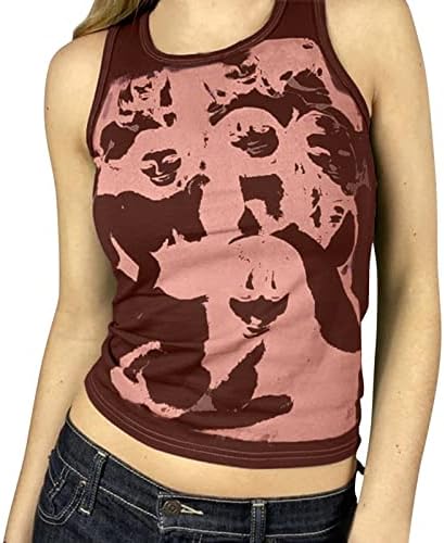 Nrealy Blusa y2k Tops Tops For Women Grabage Graphic O-Neck Vest Casual T-Moard, дами блуза летна мода пилавер