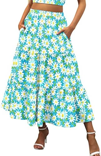 Плетирани проточни миди здолништа за жени обични летни здолништа Бохо со џебови цветни долги здолништа со високи половини занишани со здолниште од линија