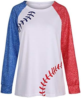 Womenените бејзбол шема печати во боја на бојата, џемпер со долги ракави, пролетна екипаж блуза