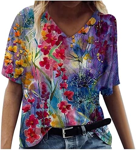 Нокмопо блузи за жени Ретро печатење геометриски принт V-врат со кратки ракави маица Топ блузи женски летни врвови