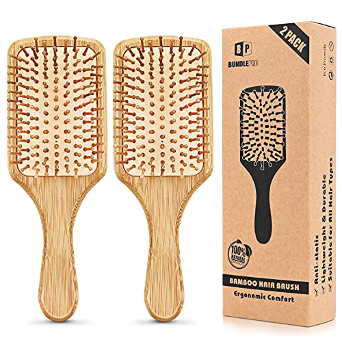 Пакет од 2 четки за коса од бамбус, природна еко-пријателска четка за коса со бамбус влакно, масажа на скалпот анти-статична коса за