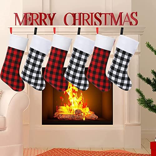 Божиќни чорапи, 6 пакувања 18 инчи црни бели биволи карирани божиќни чорапи камин што виси чорапи за семејниот празник Божиќна забава