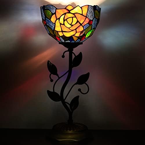 Rhlamps Мала Тифани Табела ламба 8 витраж роза во стил на роза 19 висока античка гроздобер метална лисја база мини кревети за акцент на акцент на талога за дневна соба