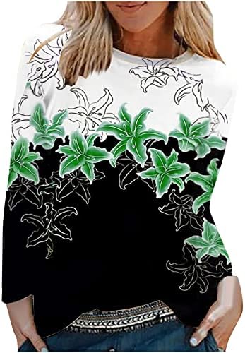 Женски блузи мода 2022 година со долги ракави екипаж блузи на вратот на вратот лабави обични цветни печатени врвови и маици со маици графички пуловер