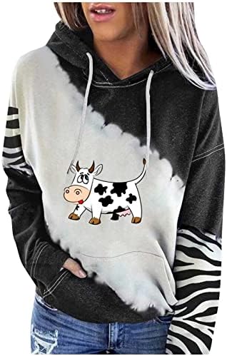 Женски крави качулки врвови, женски крпеници симпатични кравји печатени туники кошули со качулка со качулка, пулвер, врвна блуза