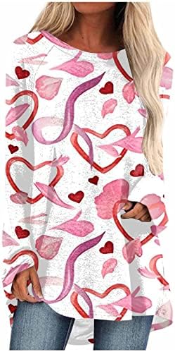 Туника за женски кошули Симпатична срцева печатена вратоврска боја со долги ракави врвови со лежерна торбичка за туника на маица за носење со хеланки