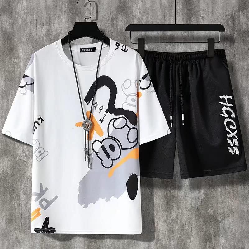 Менс со две парчиња сетови летни кратки тренерки за шорцеви за мажи поставува маици шорцеви за обична облека за улична облека