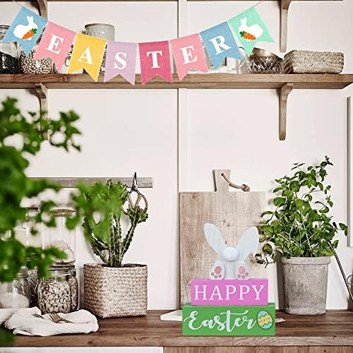 Велигденски украси на Декпас за домот, 3-слоеви зајаче јајца украси Велигден пролетен декор, розова зелена дрвена блокада Среќен Велигденски