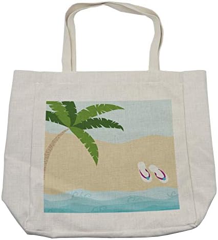 Торба за купување на графички плажа Амбесон, летен цртан филм на палма и флип-апостолки на печатење на крајбрежјето на песочни