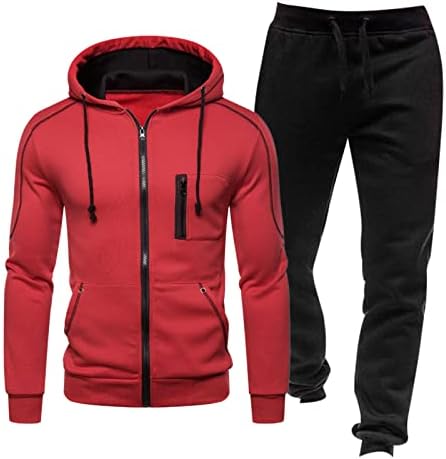 Машка тренерска тренерска облека со 2 парчиња целосна патенти и панталони за џогирање спортови сет случајно во боја блок есен