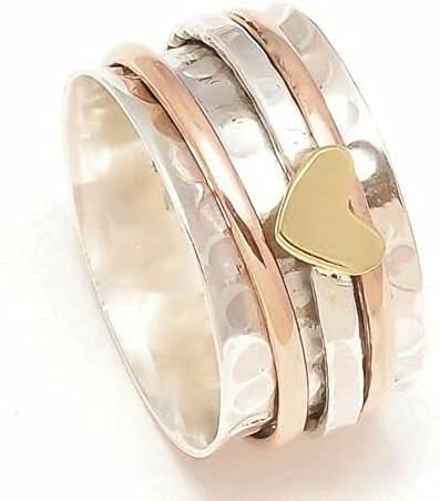 925 Стерлинг Сребрен спинер прстен за медитација прстен за вознемиреност со месинг срца и бендови за фигури