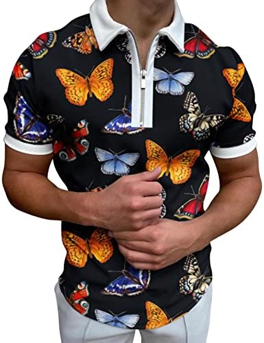 Zddo Mens Polo кошули патент вратот, летен краток ракав мускулен голф мета врвови пеперутки печати гроздобер обична маица