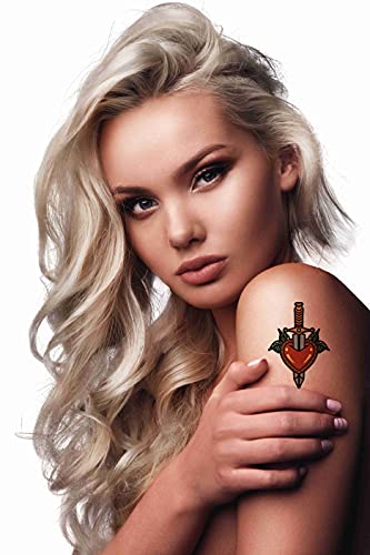 Датум со туш Привремени Тетоважи 6 Листови Срце И Меч Дизајн Налепници За Тетоважа За Возрасни Деца Жени Мажи Раце Нозе Градите Половината