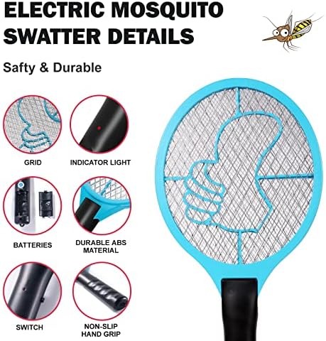 Бубачки Запер! 3000 волти летаат рекет електричен убиец на комарци за затворен и отворен простор, 3 убиец со инсекти од молец од 3 безбедни слоеви, 2АА батерии кои не се