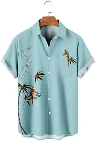2023 Нов машки едноставен хавајски папагал печати кратки ракави кошула копче лапл со кратки ракави за кратки ракави врвот надолу