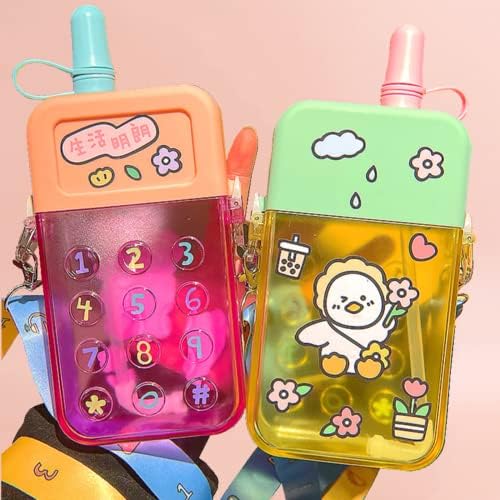 Симпатични шишиња со вода со сламки за деца, креативен мобилен телефон со мобилен телефон во форма на пластична чаша за пиење сок од сок со прилагодлива