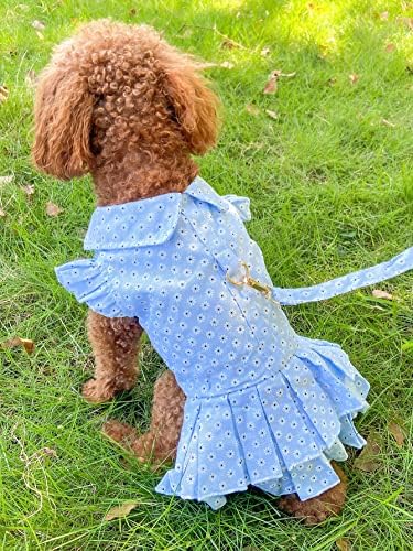 Qwinee 2pcs кучиња фустан со фустан и поводник сет Daisy bow pleated кучиња фустани со d прстен и поводник за мали средни женски