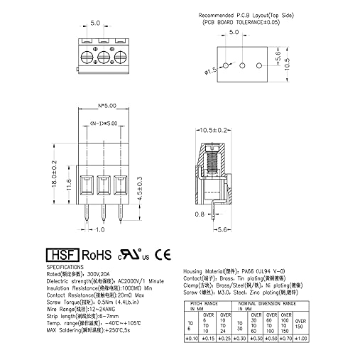 Yaniutc 5,0 mm Pitch 3 Pin PCB Terminal Blocks Connector Connect Mount Crimper за жица жица Arduino лента по тековна оценка 18 висина EHK5V