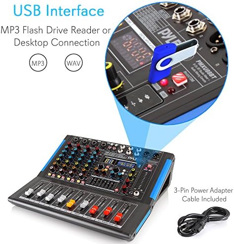 Интерфејс на Audio Mixer-DJ Sound Controller на Pyle 4-Channel Bluetooth Studio-DJ со USB-уред за влез за снимање на компјутер,