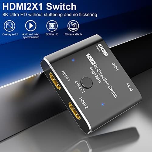 Yiwentec HDMI 2.1 Ultra 8K HD дво-насочен прекинувач 8K@60Hz 4K@120Hz HDR 1IN 2OUT 2IN 1out Висока брзина 48Gbps Сплитер конвертор компатибилен