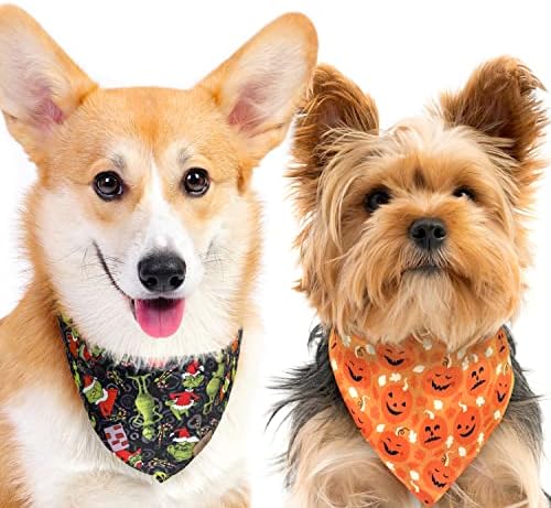 Pawsh Bandanas Handmade Dog Bandanas 2 Pack - Ноќта на вештерките/Денот на благодарноста, Божиќниот празник - Реверзибилна миленичиња бандана - прилагодлива, триаголник со меки кучиња