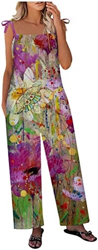 Panoegsn женски обични скокови, бохо цветни печатени ромци без ракави летни истегнати широки панталони за нозе со џебови