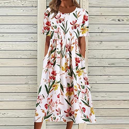 Летни фустани на Хоккус за жени 2023 година, женски цветни печатени крпеница со плетенка, фустан со кратки ракави, џебни фустани со кратки