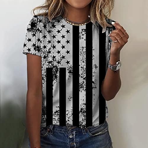 Патриотски кошули за жени американско знаме лето кратки ракави со v-вратот starsвезди на маици шарени лабави вклопувани обични забавни маички врвови