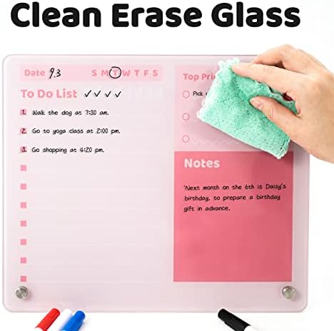 Shooffice Glass Dry Erase Board, 12 x 10 магнетна стакло табла за биро, без рамка со розова стаклена табла со 3 маркери, за да направите планер за список за канцеларија, дом, училиште