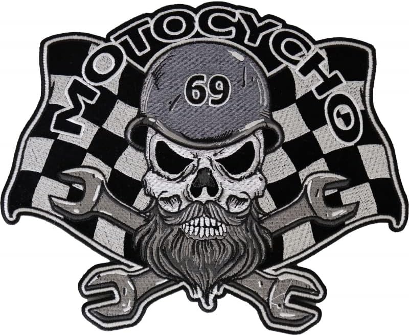 Голем заден дел, извезена лепенка, мотоцикли на черепи со брада од мотоцикли од мотоцикли, 10 x 8
