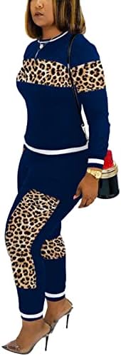 Алузом женски обични облеки од 2 парчиња, леопард печати долги ракави Топ панталони Поставете траги