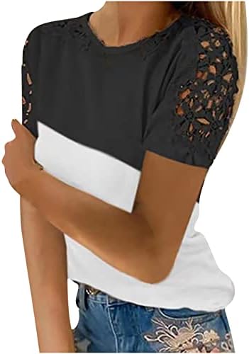 Блузи со кратки ракави за жени облечени обични врвови на вратот лето чипка, врвна симпатична модна боја блокада лабава маици со маици