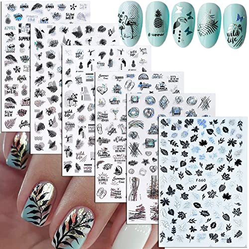 Сребрени летни нокти налепници за уметност, холографска приморска плажа 3Д нокти самолепливи налепници дизајн, кокосово дрво лисја букви