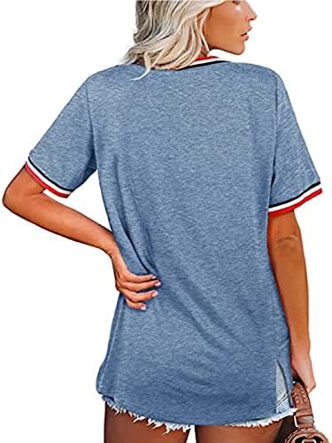 Американски кошули со сончогледово знаме за жени со знаме на жени во САД, печатени маици V вратот со краток ракав кошула 4 јули патриотски пат