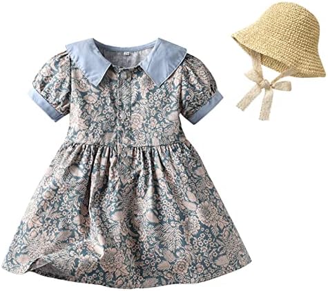Детско дете бебе девојки пролетно лето цветен памук со краток ракав, принцеза фустан, облечена капа облека лолита фустан