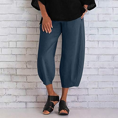 LMSXCT женски постелнини панталони со високи половини широки нозе капри панталони цврсти исечени панталони обични лабави каприс